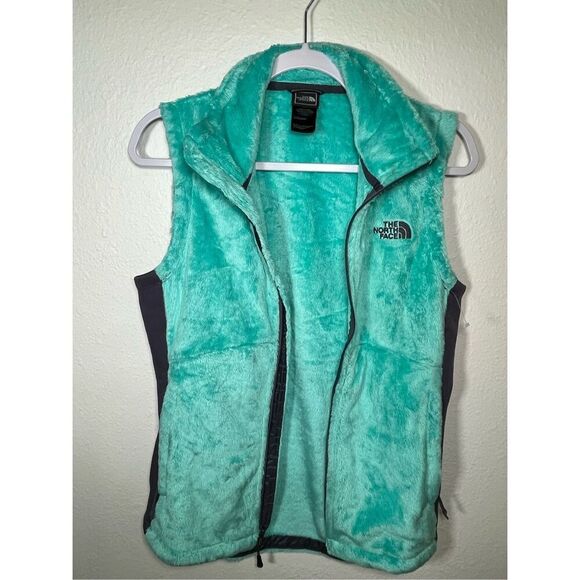 North Face Fuzzy Vest Aqua Gray Sleevless Zip Up Women Size Medium - Picture 1 of 4